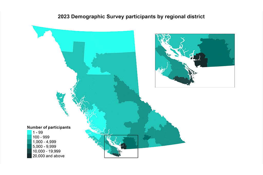Map of 2023 Demographic Survey participants by regional district